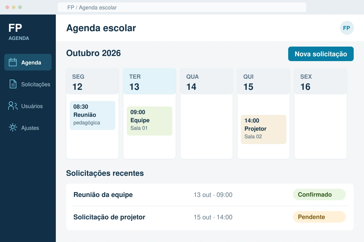 Tela de agenda escolar com calendário semanal, compromissos e solicitações.