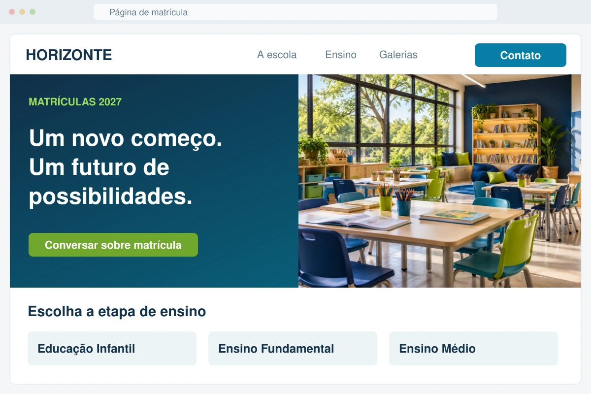 Frente de uma página de matrícula com etapas de ensino e botão de contato.