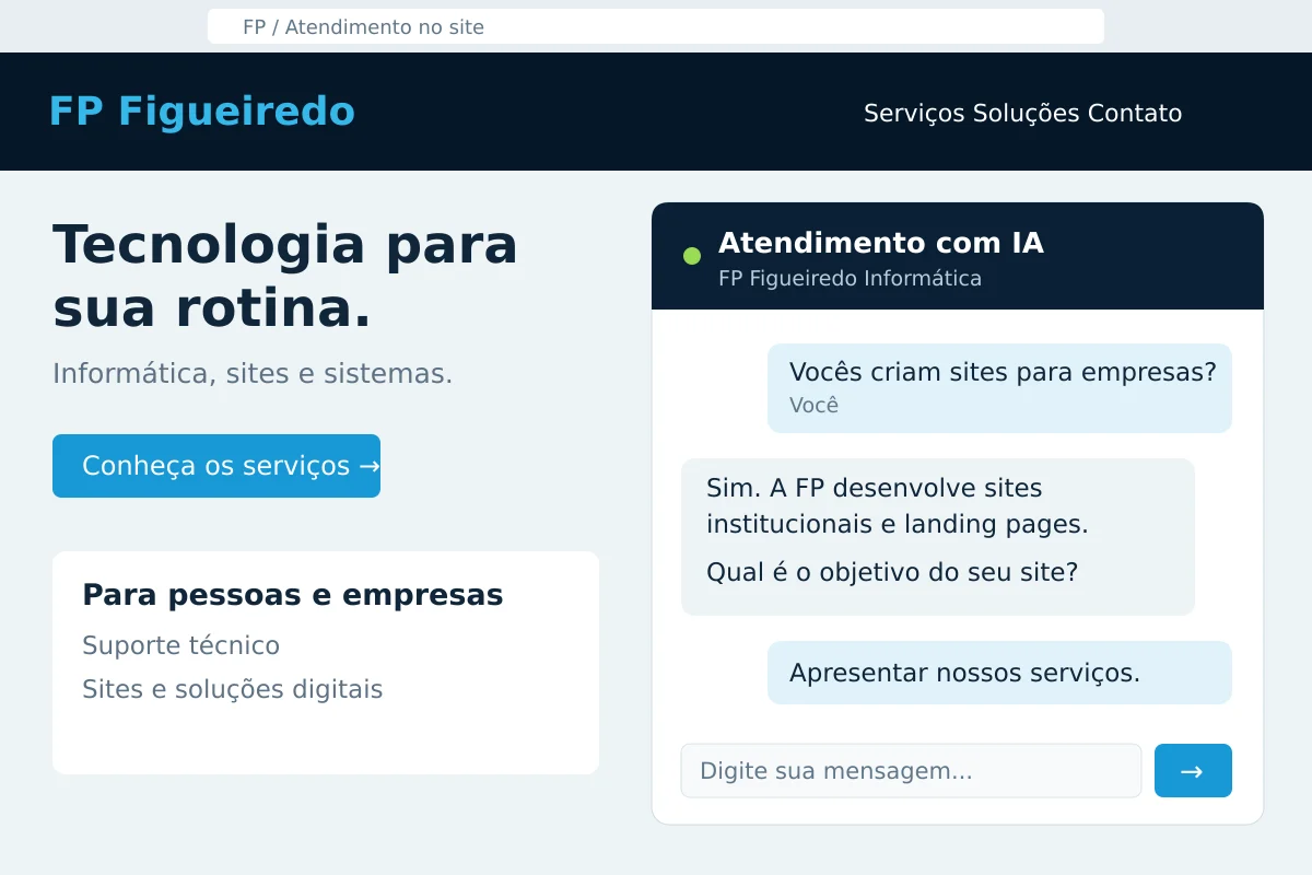 Site com janela de atendimento com IA e conversa sobre os serviços da empresa.