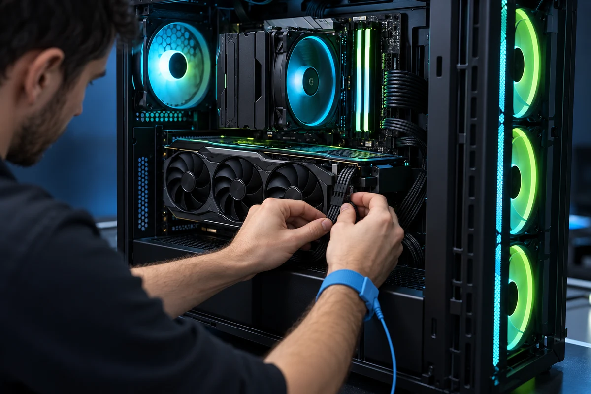 Montagem de PC Gamer com componentes instalados e organização dos cabos.