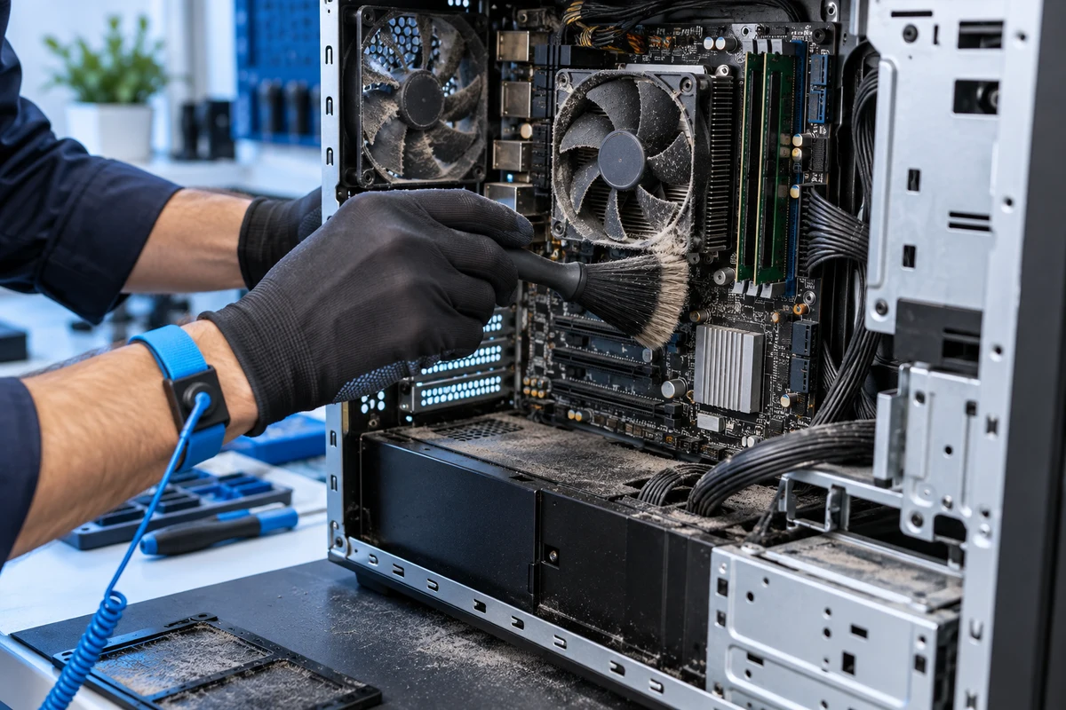 Limpeza técnica dos componentes de um computador aberto.