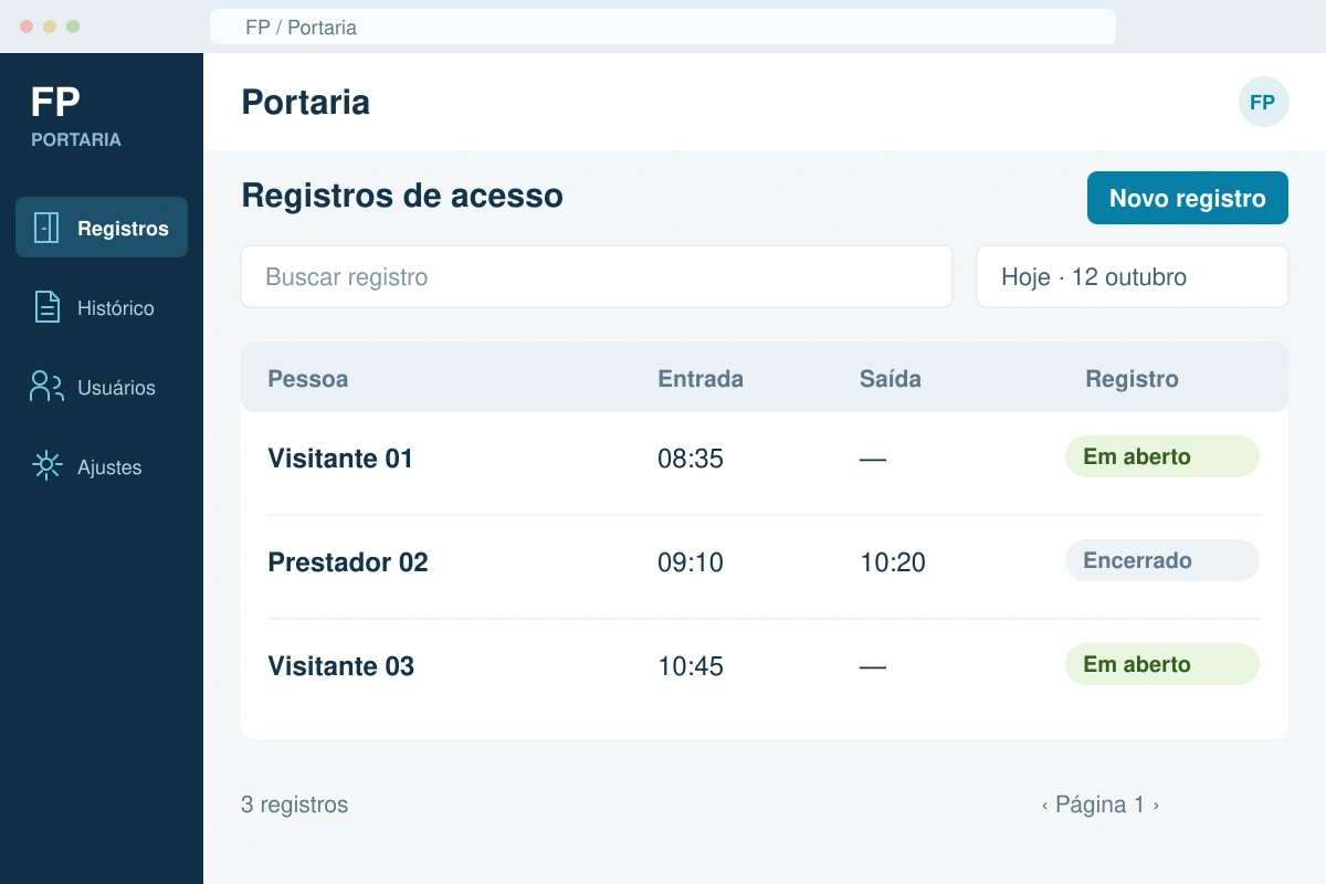 Tela de portaria com busca e tabela de registros de entrada e saída.