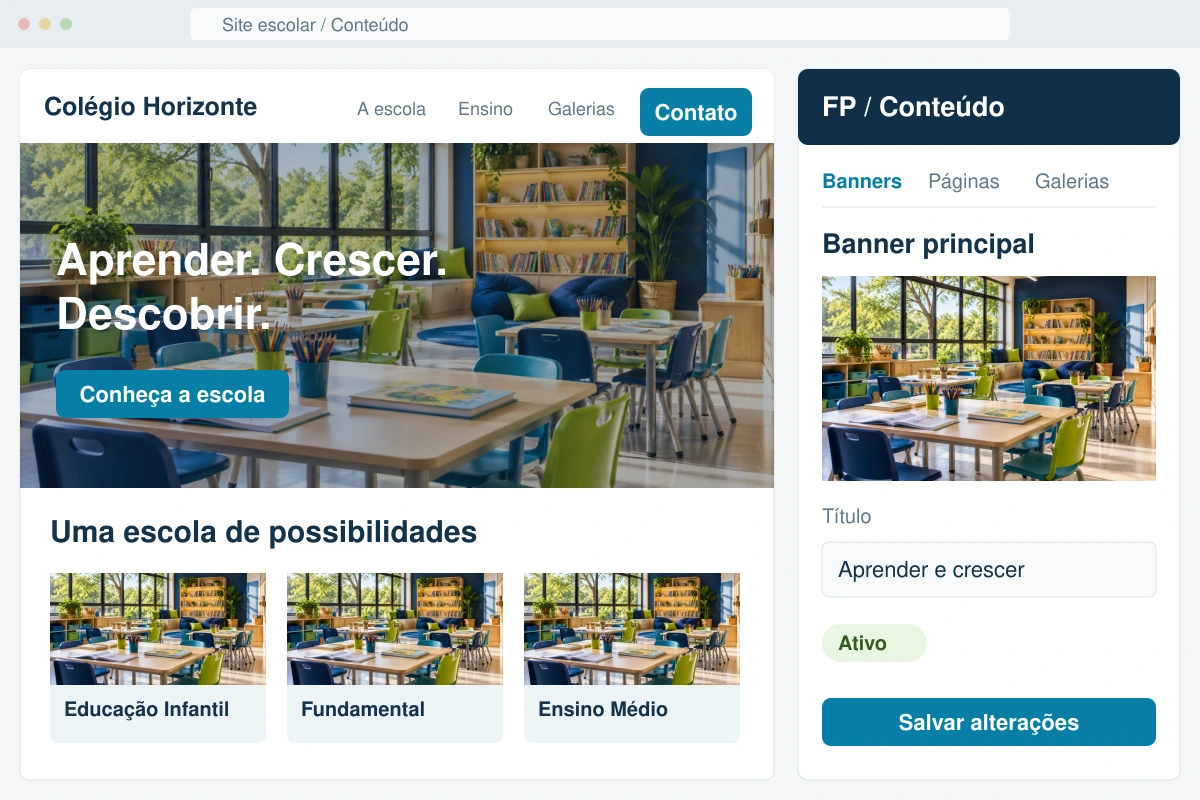 Frente de um site escolar ao lado do painel de edição de banners e conteúdo.