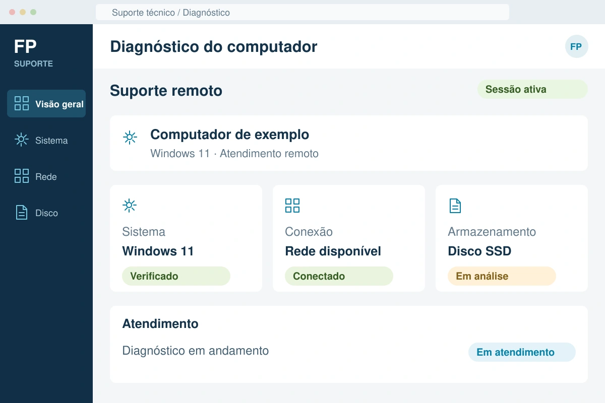 Tela de atendimento remoto com diagnóstico do sistema, conexão e armazenamento.